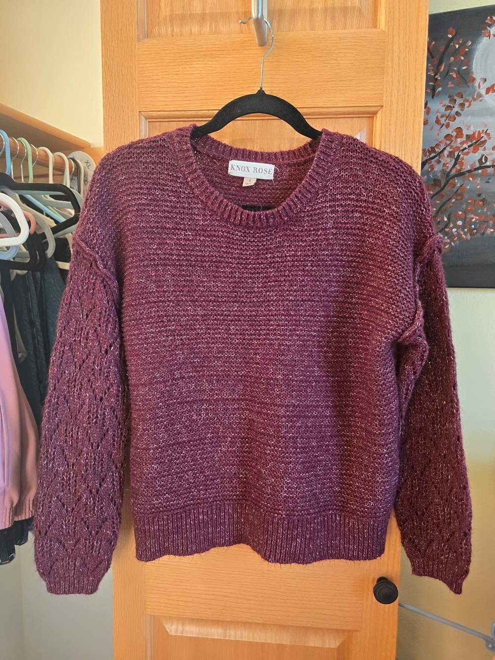 Knox Rose Plum Knit Crewneck Sweater with Lace-Textured Sleeves